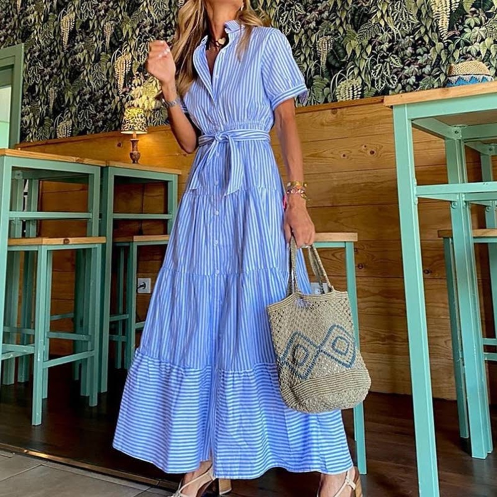 Blue + White Stripe Long Maxi with tie waist